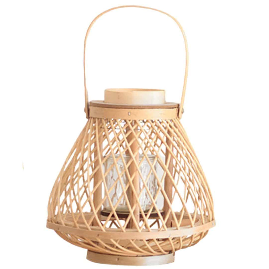 Hand woven rattan and bamboo candle lantern with a woven handle