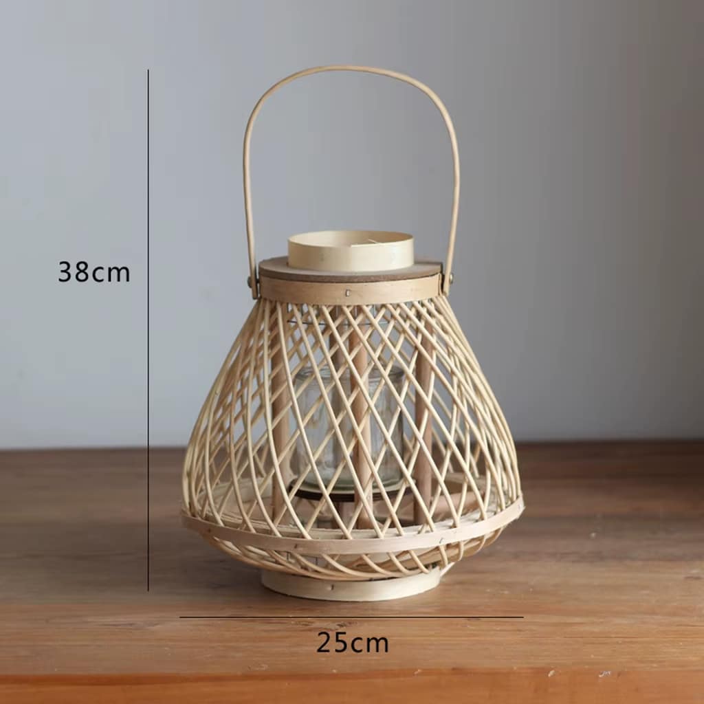 Hand woven rattan and bamboo candle lantern with a woven handle