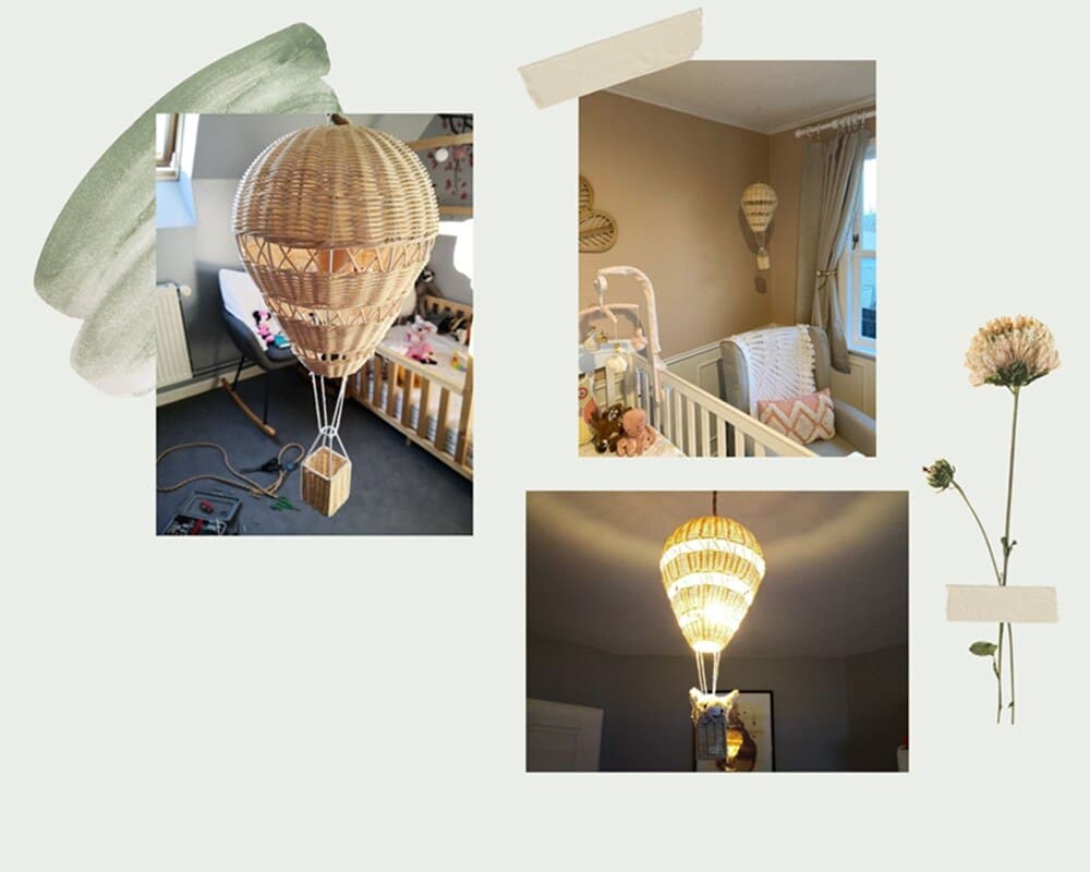 Hand woven beige rattan hot air balloon hanging decoration for a nursery