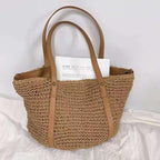 Hand woven straw handbag with a dense, even texture in brown or beige