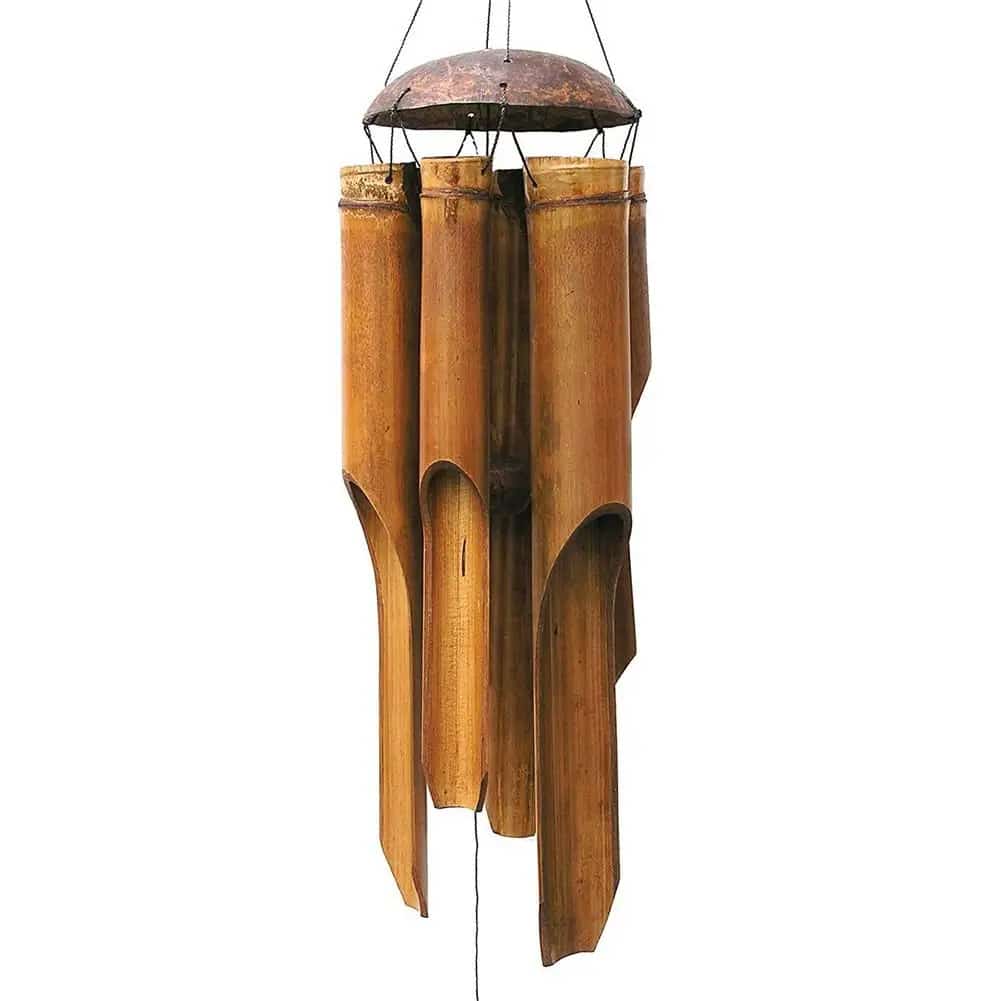 Long brown bamboo wind chime with a coconut shell top