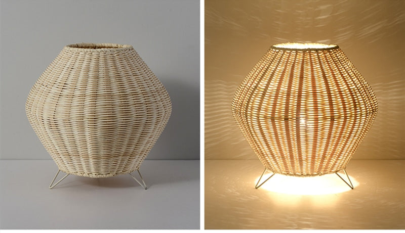 Handmade woven bamboo table lamp with a tapered silhouette and curved top
