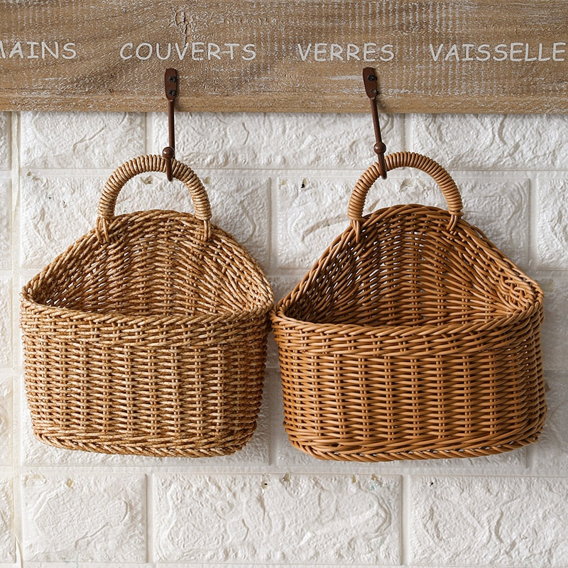 Half round wicker wall basket with top handle