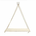 Natural wood shelf hung from a braided rope
