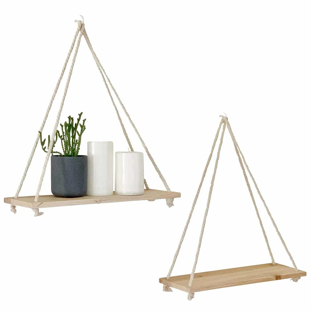 Natural wood shelf hung from a braided rope