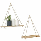 Natural wood shelf hung from a braided rope