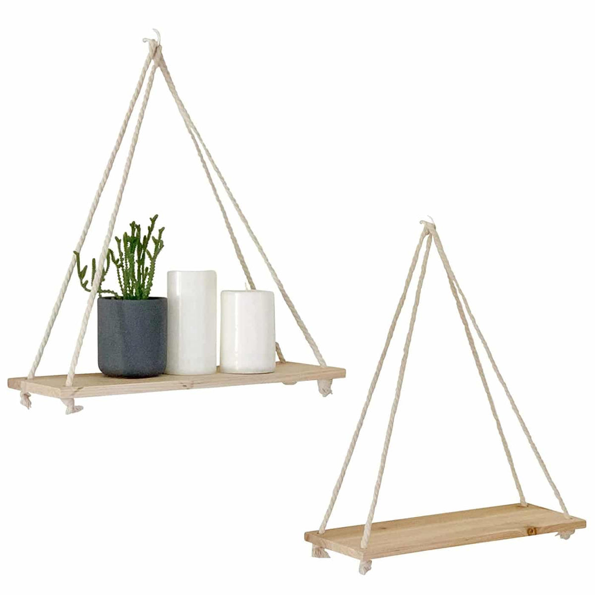 Natural wood shelf hung from a braided rope