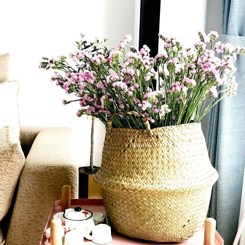 Three small woven belly baskets hanging on wall hooks with plants