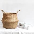 Three small woven belly baskets hanging on wall hooks with plants