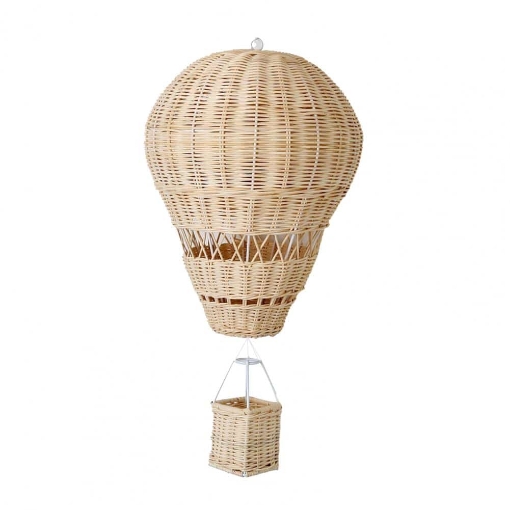 Hand woven rattan hot air balloon with a small basket hanging from the ceiling