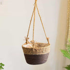 Round hand woven rattan hanging planter with fringe and three cords