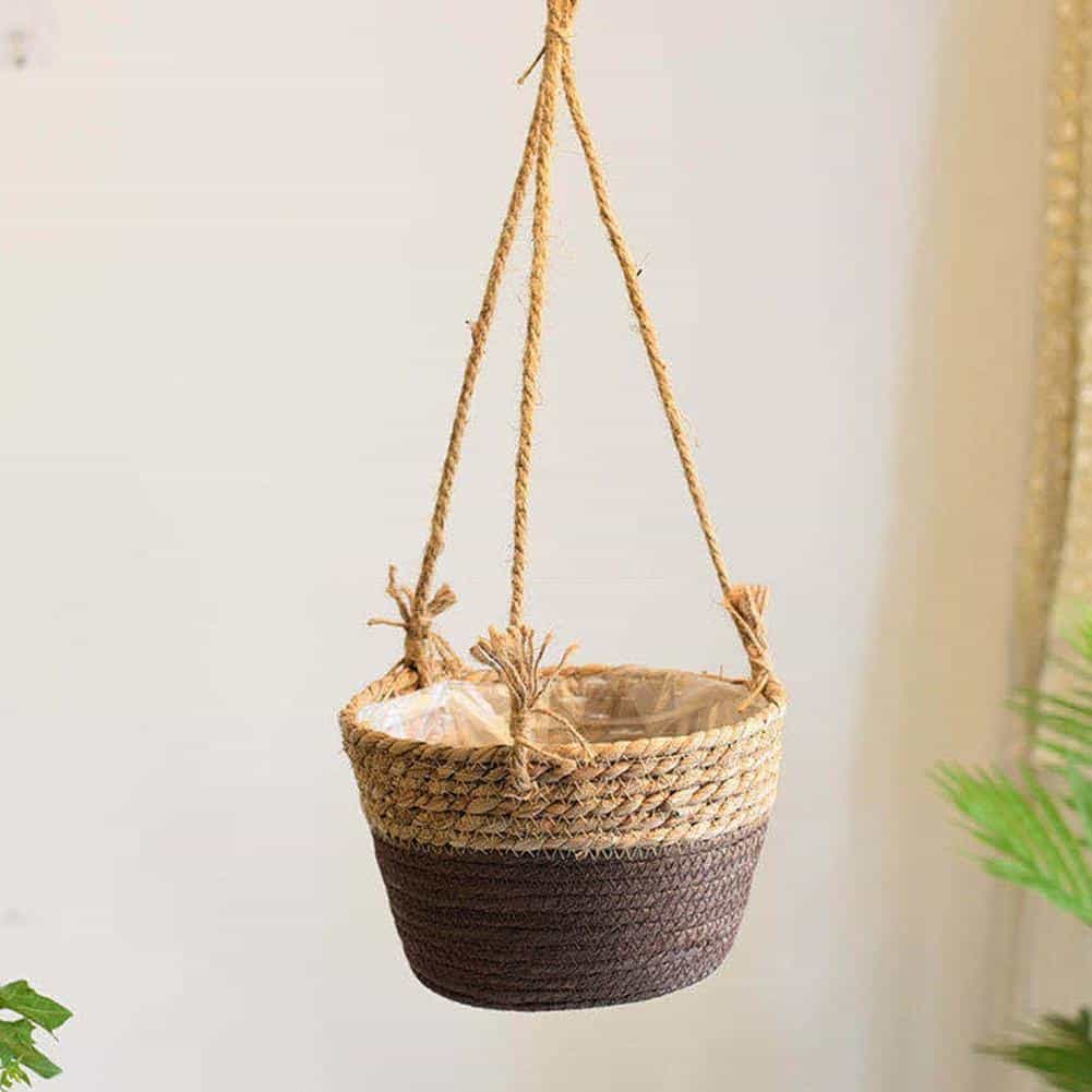 Round hand woven rattan hanging planter with fringe and three cords