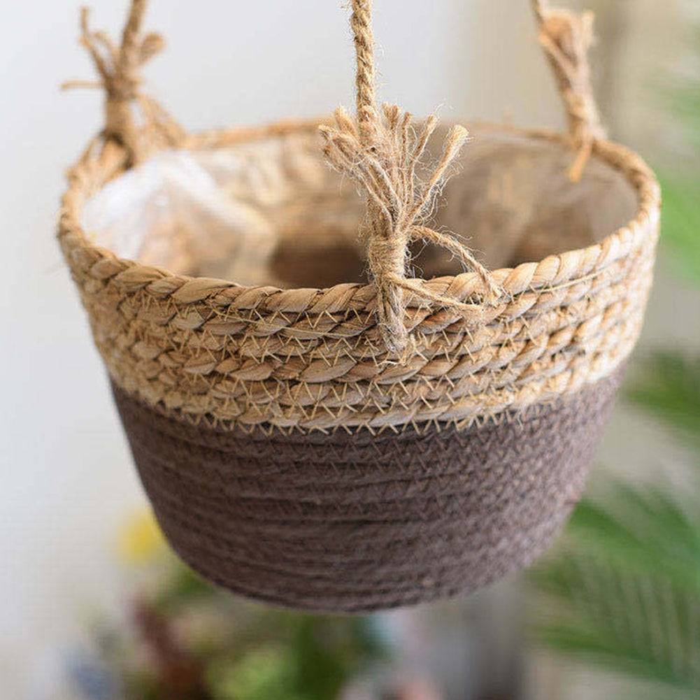Round hand woven rattan hanging planter with fringe and three cords