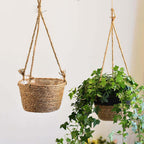 Round hand woven rattan hanging planter with fringe and three cords