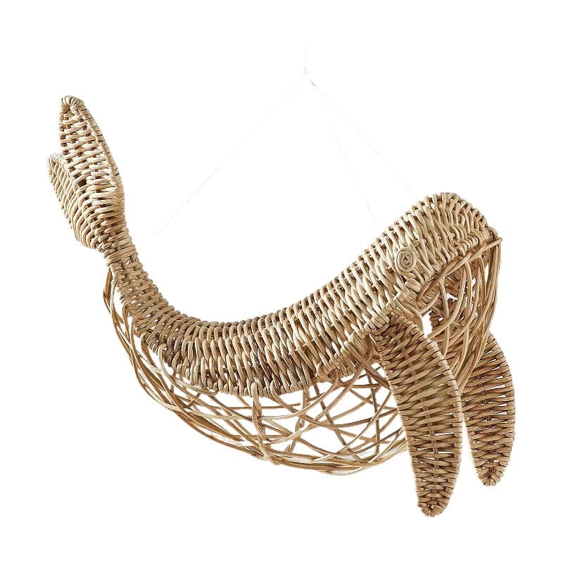 Hand woven rattan whale sculpture for hanging on a wall or ceiling