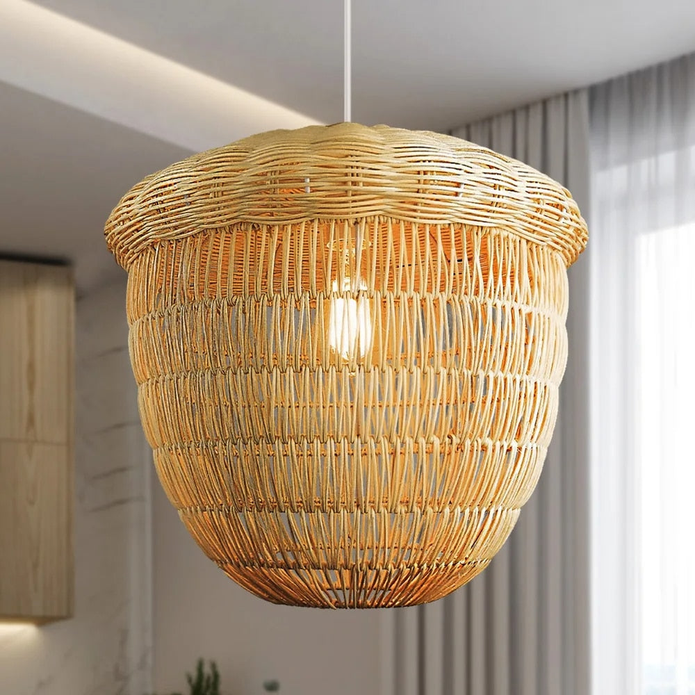 Rounded hazelnut shaped chandelier hand woven in natural bamboo