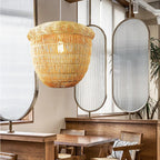 Rounded hazelnut shaped chandelier hand woven in natural bamboo