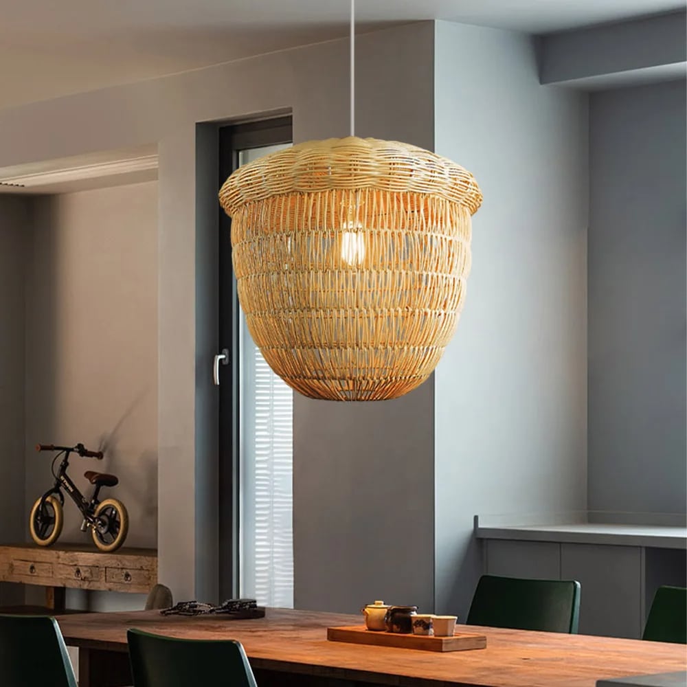 Rounded hazelnut shaped chandelier hand woven in natural bamboo