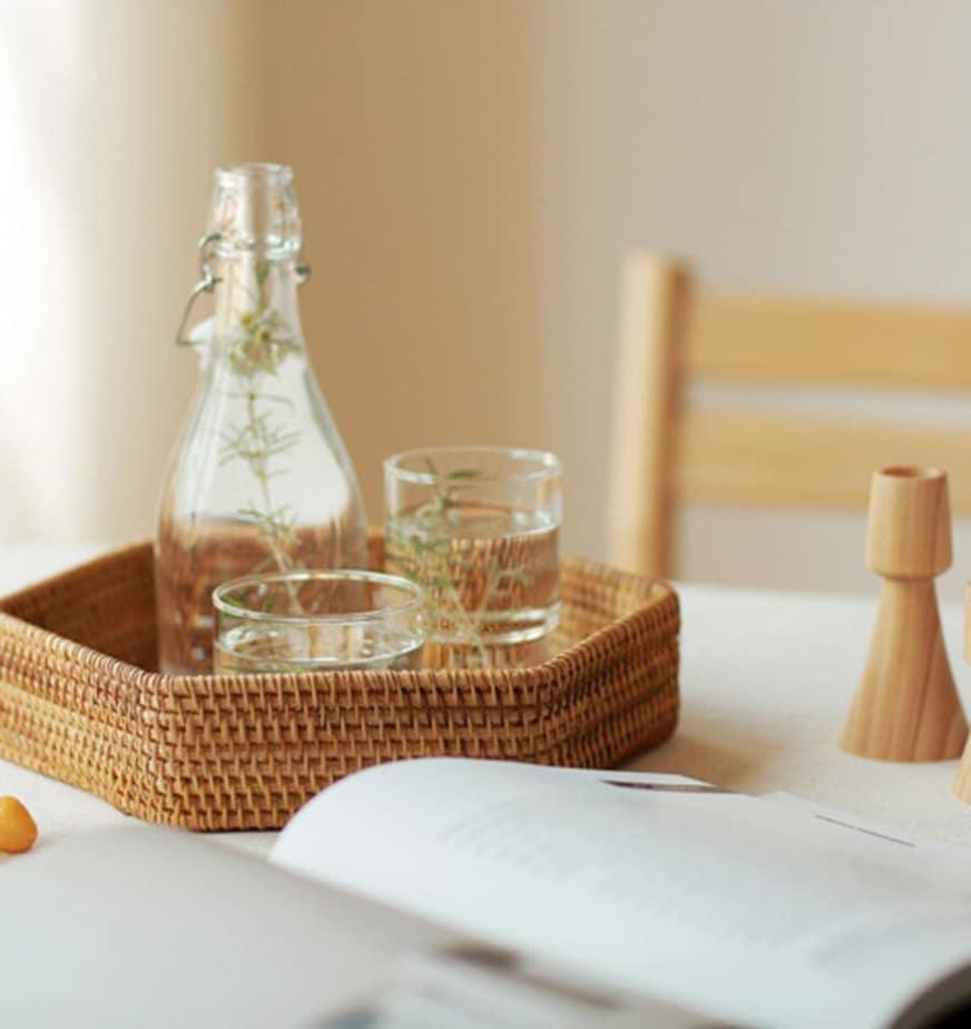 Hexagonal woven rattan tray holding apples