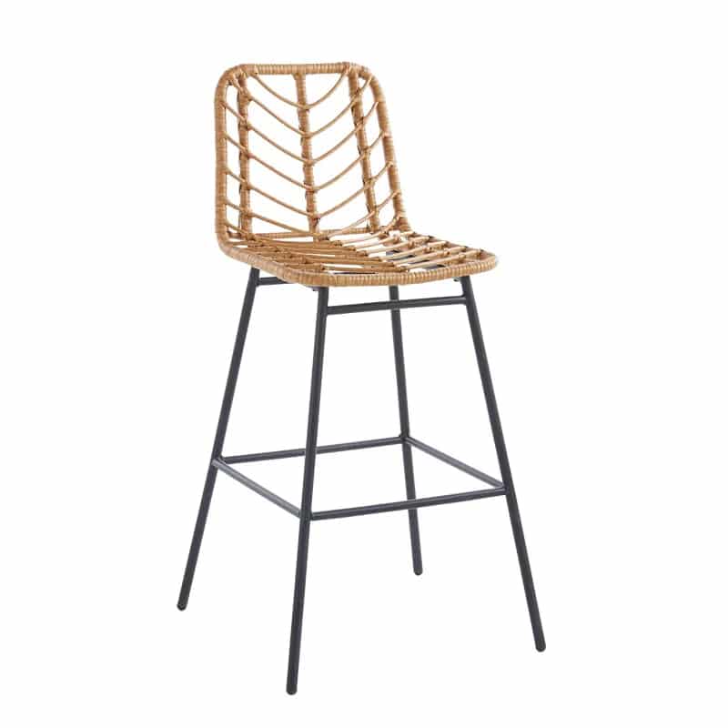 Tall bar chair with a hand woven rattan back and slim black metal legs