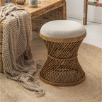 Round hand woven wicker stool with an hourglass shape