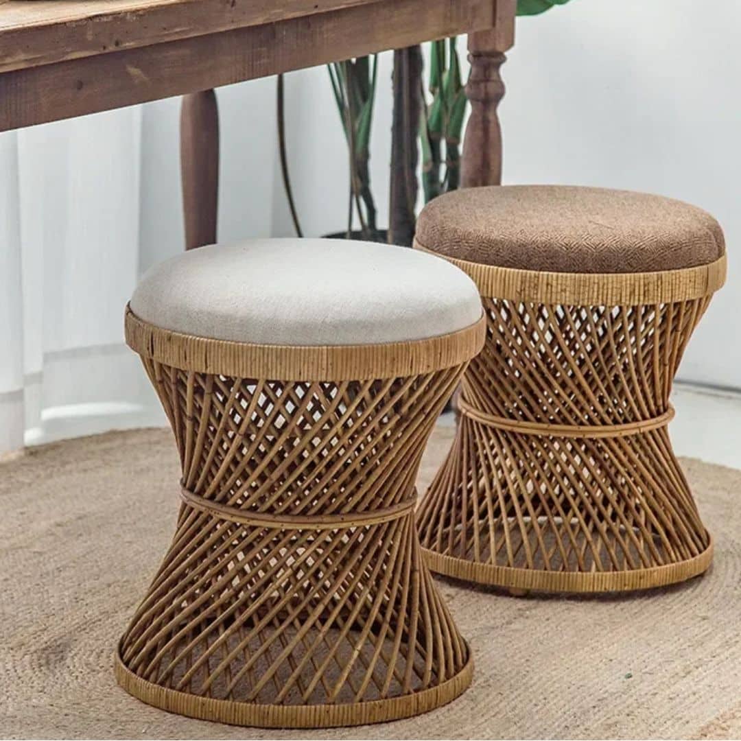 Round hand woven wicker stool with an hourglass shape