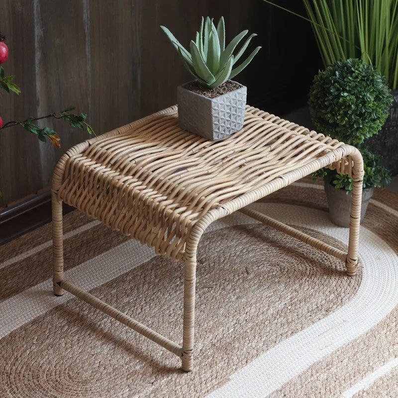 Rectangular Indonesian style coffee table in tightly woven beige wicker on wood legs