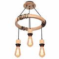 Industrial chandelier with three natural wood arms and raw metal sockets
