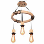 Industrial chandelier with three natural wood arms and raw metal sockets