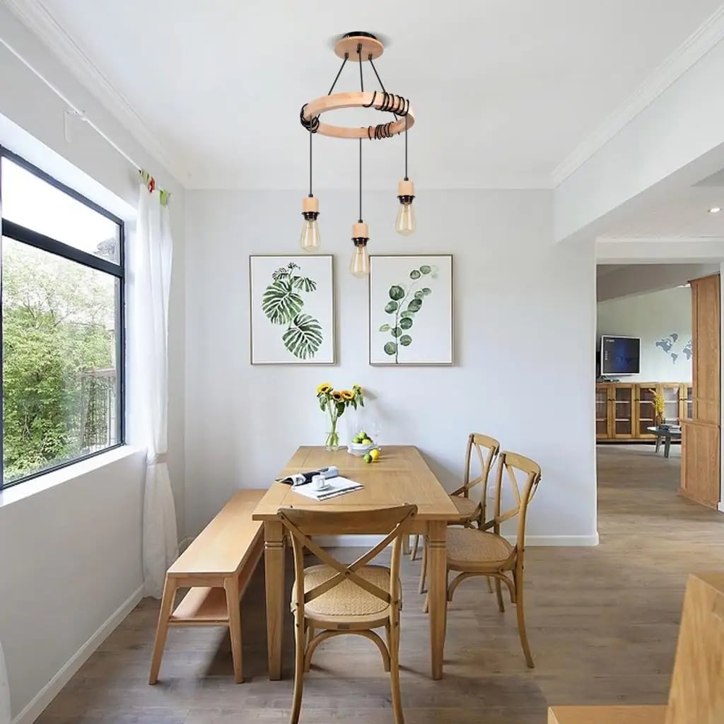 Industrial chandelier with three natural wood arms and raw metal sockets