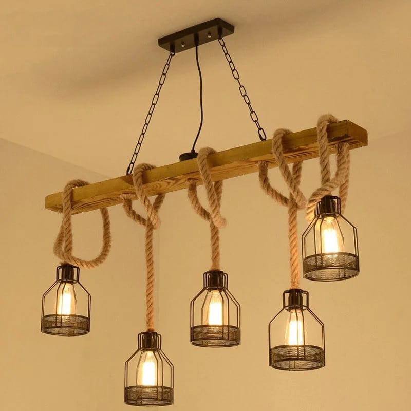 Industrial chandelier combining wood, aged iron and hand knotted rope