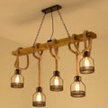 Industrial chandelier combining wood, aged iron and hand knotted rope