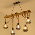 Industrial chandelier combining wood, aged iron and hand knotted rope