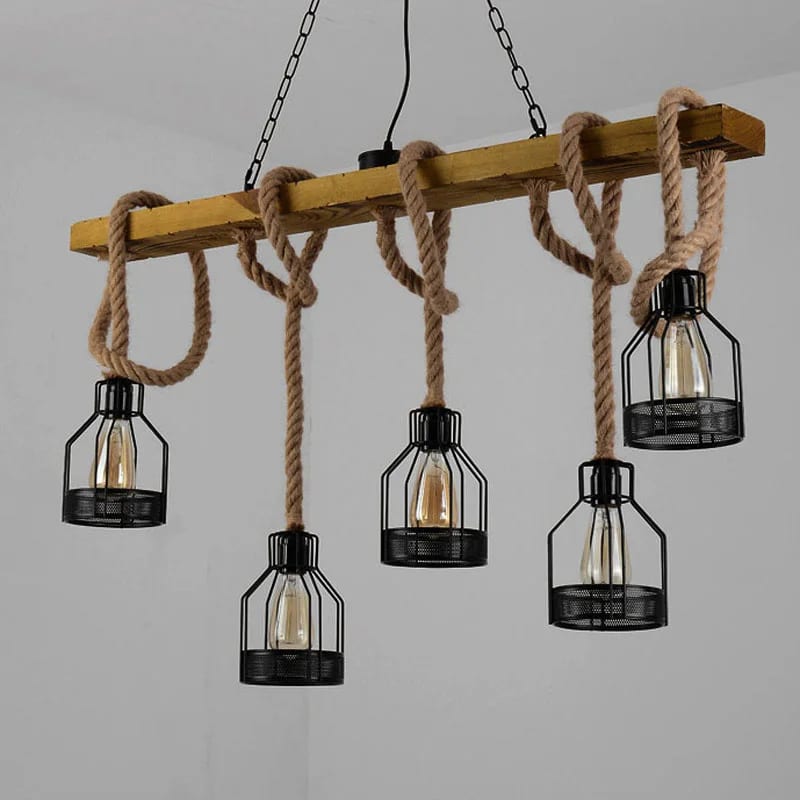 Industrial chandelier combining wood, aged iron and hand knotted rope