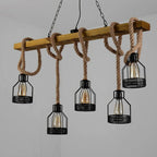 Industrial chandelier combining wood, aged iron and hand knotted rope