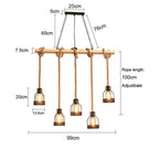 Industrial chandelier combining wood, aged iron and hand knotted rope