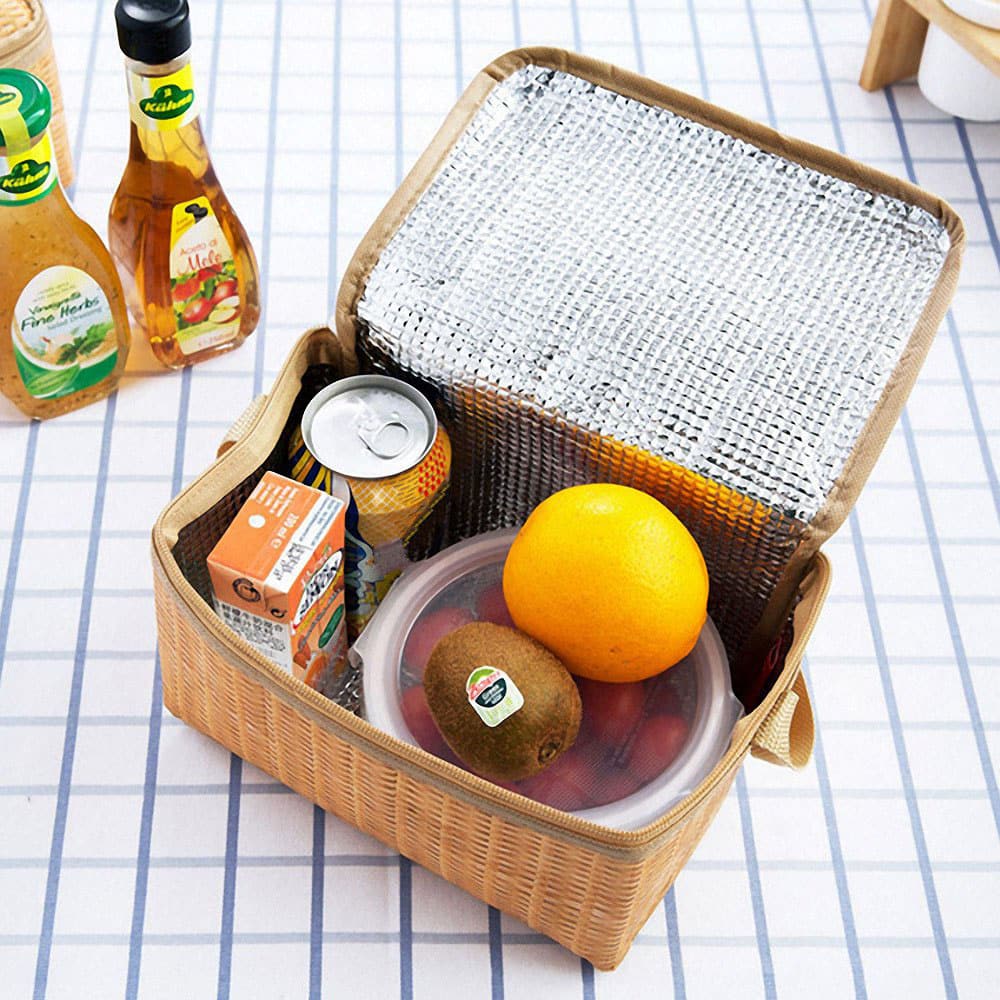 Small insulated picnic lunch bag with a woven look and carry handle