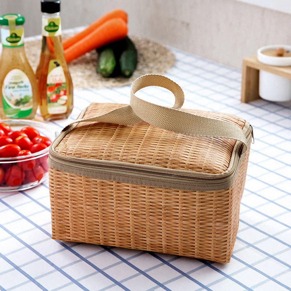 Small insulated picnic lunch bag with a woven look and carry handle