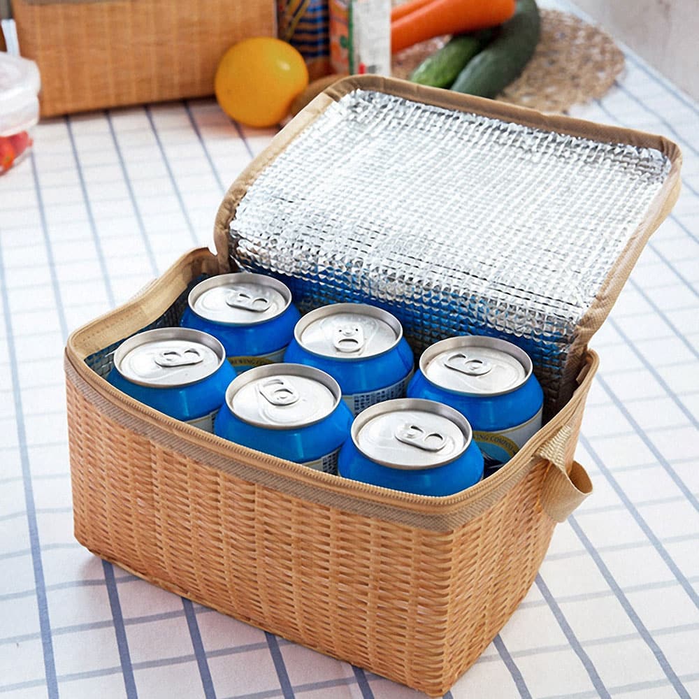 Small insulated picnic lunch bag with a woven look and carry handle