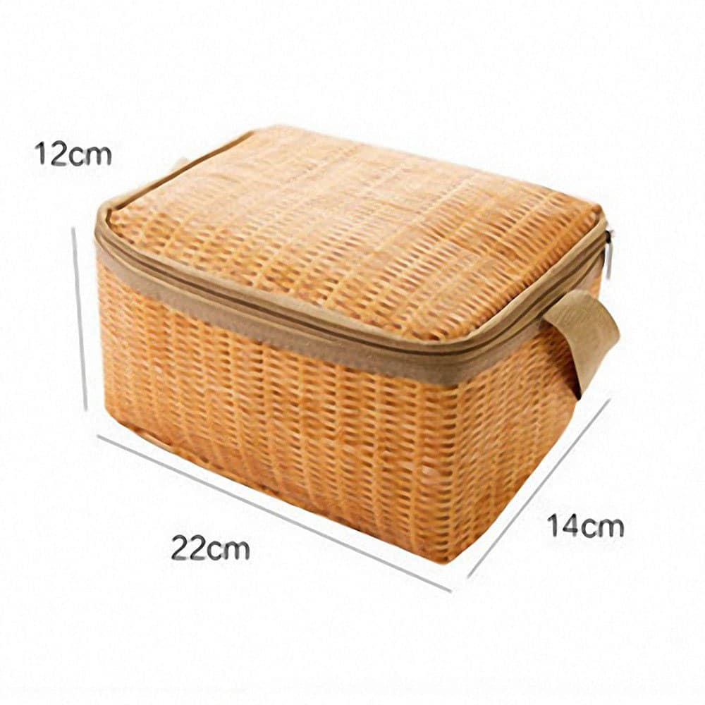 Small insulated picnic lunch bag with a woven look and carry handle