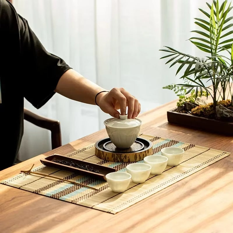 Rectangular Japanese style placemat of finely assembled bamboo slats
