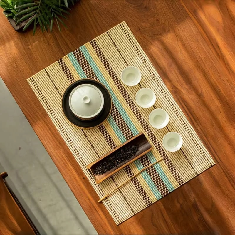 Rectangular Japanese style placemat of finely assembled bamboo slats