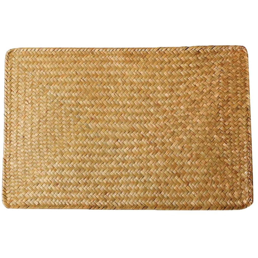 Rectangular placemat of flat woven natural bamboo slats in a Japanese style