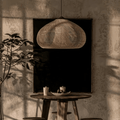 Large round chandelier with a honeycomb weave in natural bamboo and wood