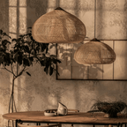 Large round chandelier with a honeycomb weave in natural bamboo and wood