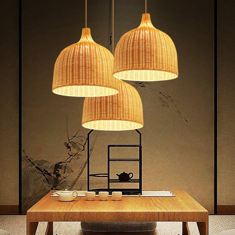 Japanese style openwork pendant light hand woven in natural rattan and bamboo