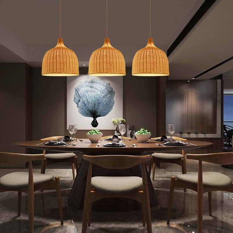 Japanese style openwork pendant light hand woven in natural rattan and bamboo
