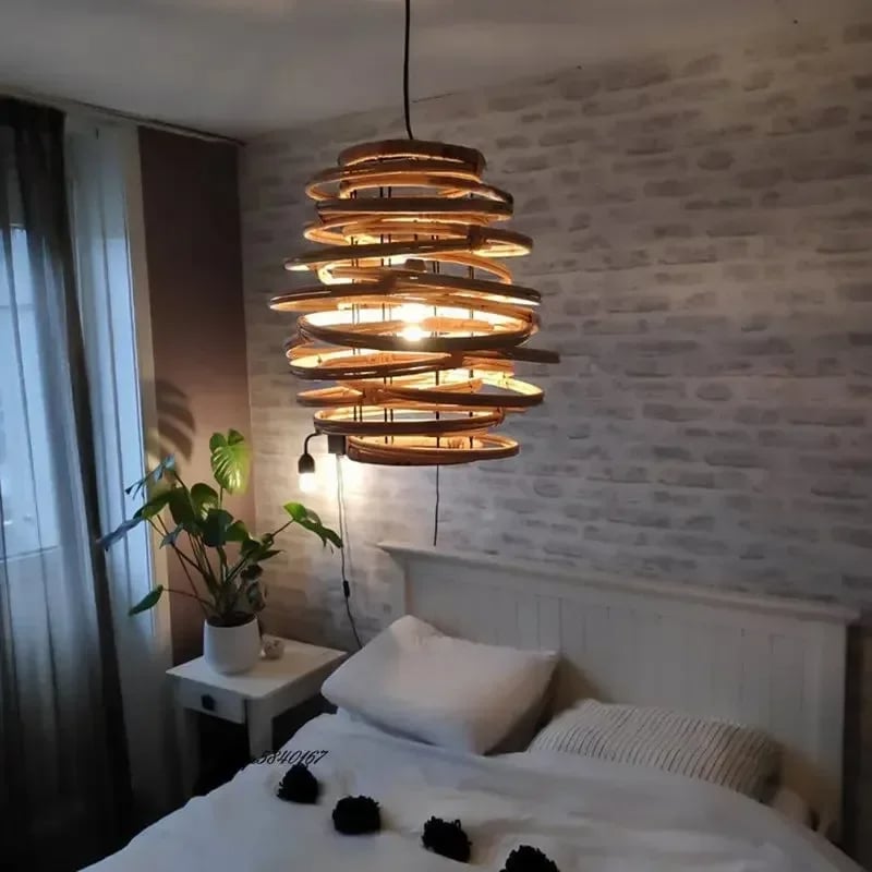 Round Japanese style pendant light hand woven in natural wicker