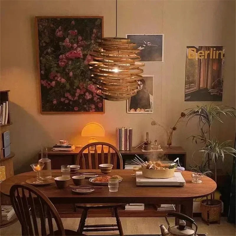 Round Japanese style pendant light hand woven in natural wicker