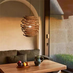Round Japanese style pendant light hand woven in natural wicker